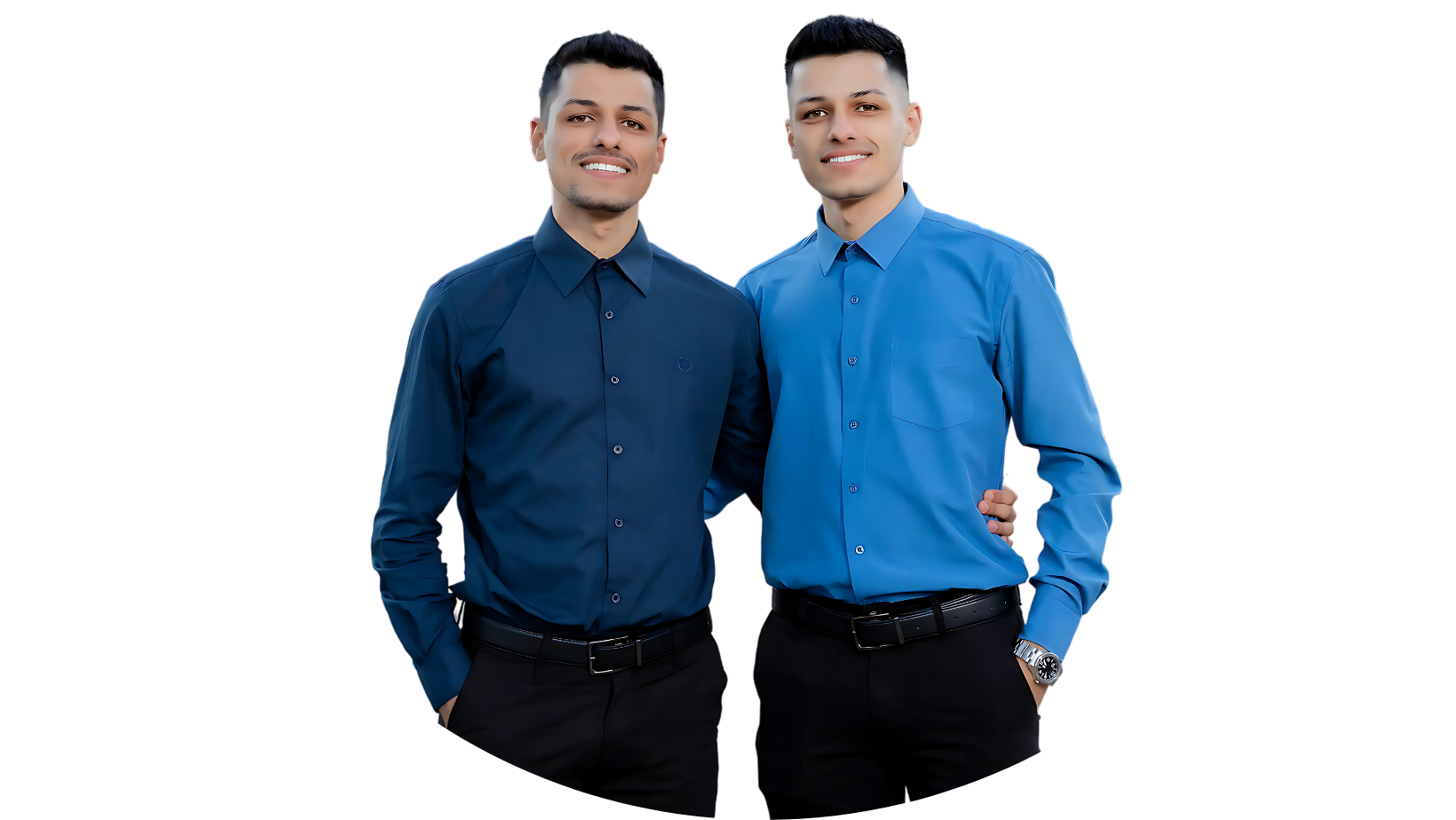 Foto de dois homens jovens, sorridentes, vestidos com camisas sociais, uma azul-clara e outra azul-escura, e calças pretas. Ambos estão lado a lado, demonstrando cumplicidade e elegância. A imagem tem um fundo transparente, ideal para design gráfico e web. Os homens na foto são os profissionais que trabalham no sistema dentista 24 horas e nas consultas realizadas pelo agendamento direto.